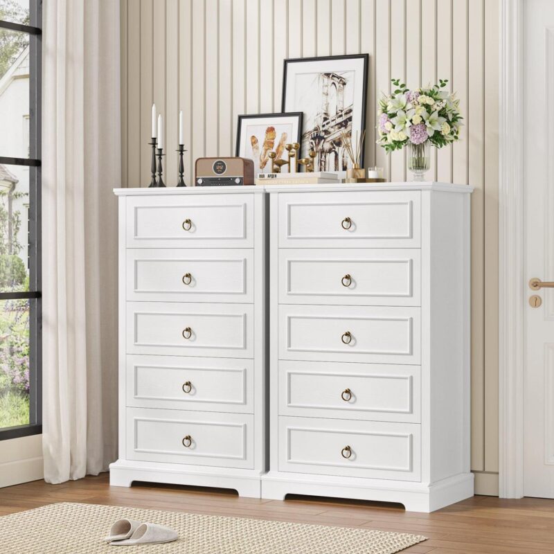Homfa 5 Drawers Tall Dresser, Chest of Drawers Storage Bedroom Dresser Cabinet for Closet Living Room, White - Image 5