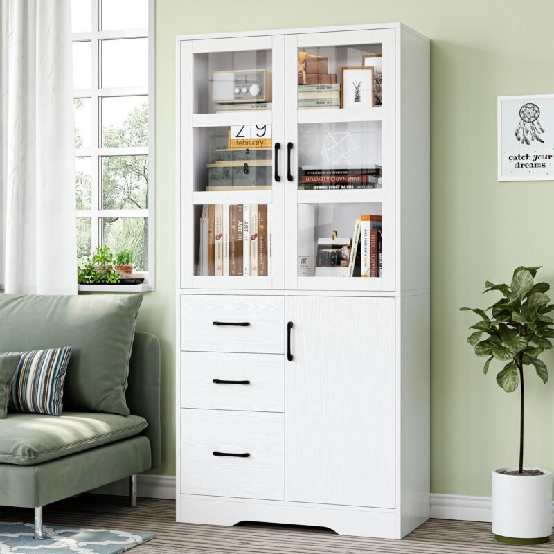 Homfa 5 Shelf Bookcase with Drawers and Doors, 67.5  Tall Bookcases, Wooden Storage Bookshelf for Living Room Home Office, White Finish
