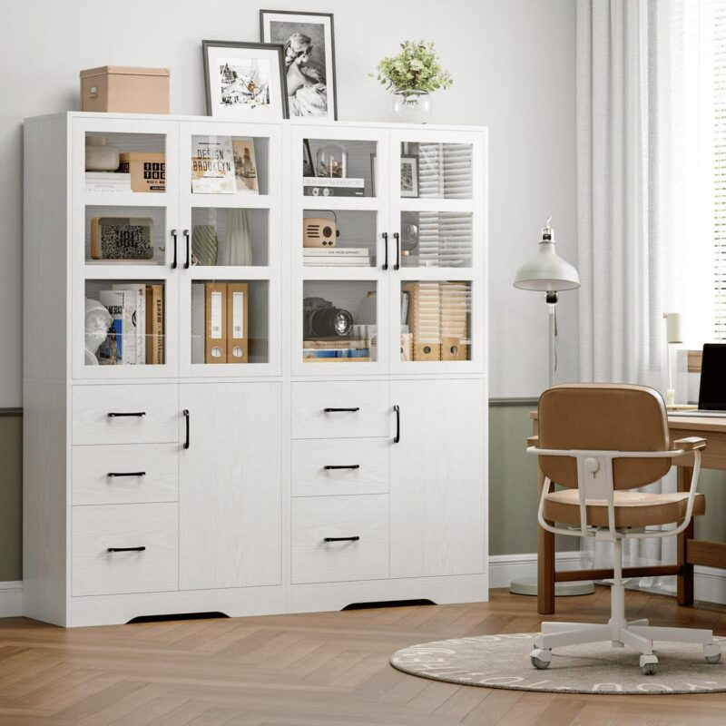Homfa 5 Shelf Bookcase with Drawers and Doors, 67.5  Tall Bookcases, Wooden Storage Bookshelf for Living Room Home Office, White Finish - Image 4