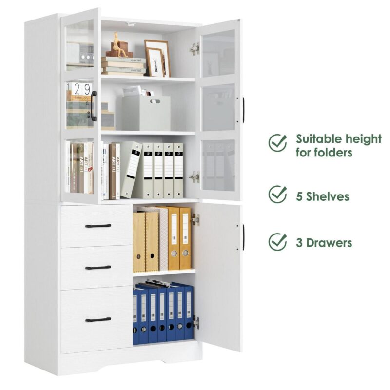 Homfa 5 Shelf Bookcase with Drawers and Doors, 67.5  Tall Bookcases, Wooden Storage Bookshelf for Living Room Home Office, White Finish - Image 7