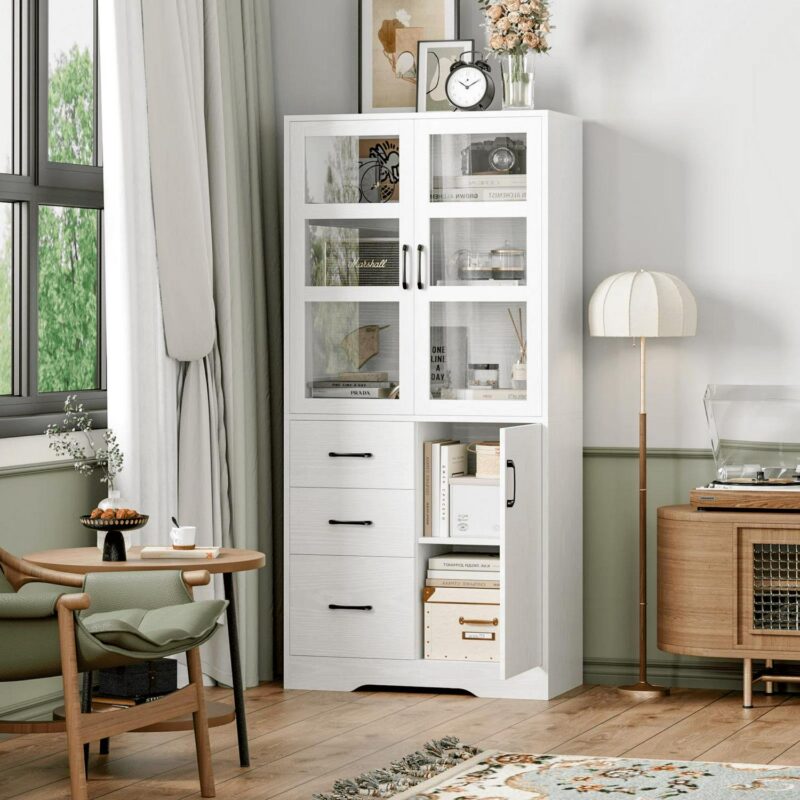 Homfa 5 Shelf Bookcase with Drawers and Doors, 67.5  Tall Bookcases, Wooden Storage Bookshelf for Living Room Home Office, White Finish - Image 5