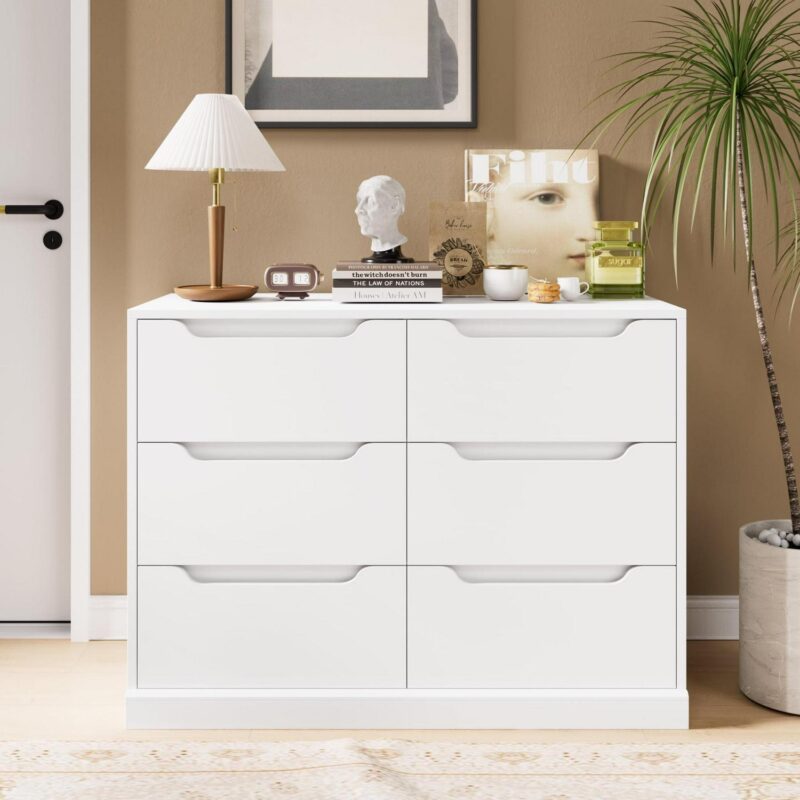 Homfa 6 Drawer 42.5'' W Double Dresser, Modern Handless Wood Storage Cabinet for Bedroom Living Room, White