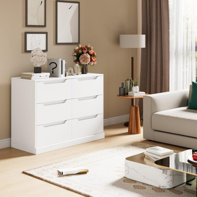 Homfa 6 Drawer 42.5'' W Double Dresser, Modern Handless Wood Storage Cabinet for Bedroom Living Room, White - Image 3