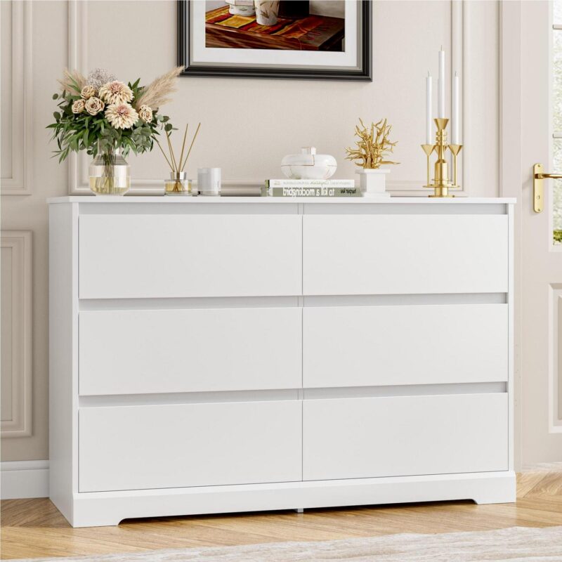 Homfa 6 Drawer Double Dresser, 47.2'' Wood Storage Side Cabinet Chest of Drawer for Bedroom Living Room, White - Image 4
