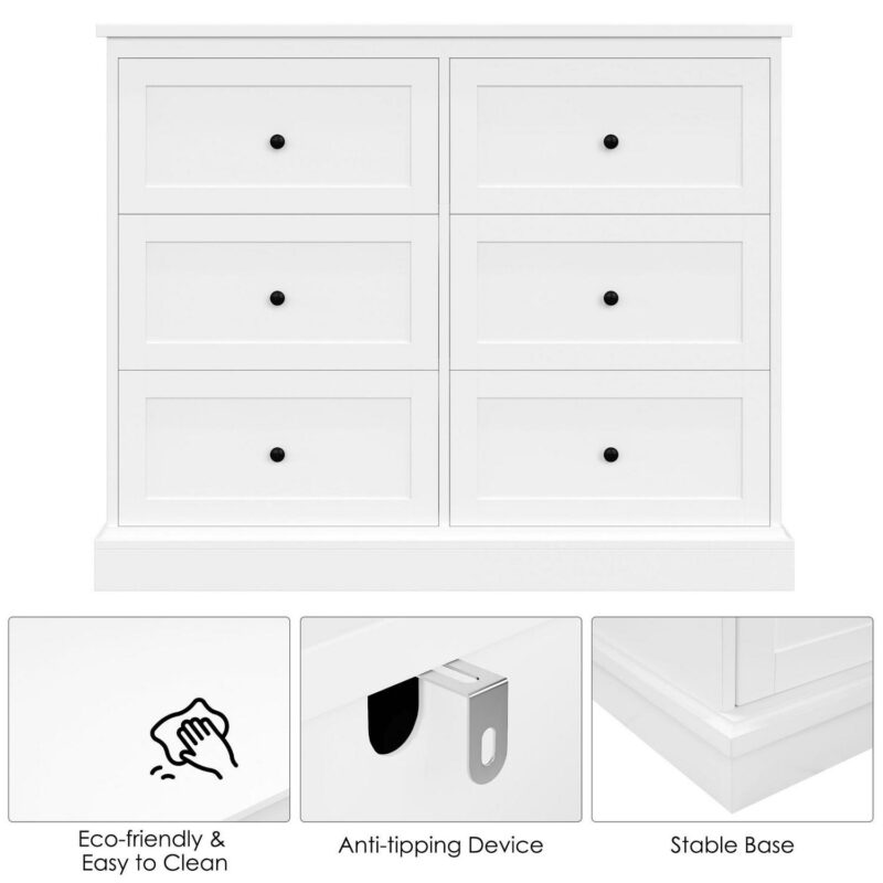 Homfa 6 Drawer Double Dresser White, Wood Storage Cabinet for Living Room, Chest of Drawers for Bedroom - Image 9