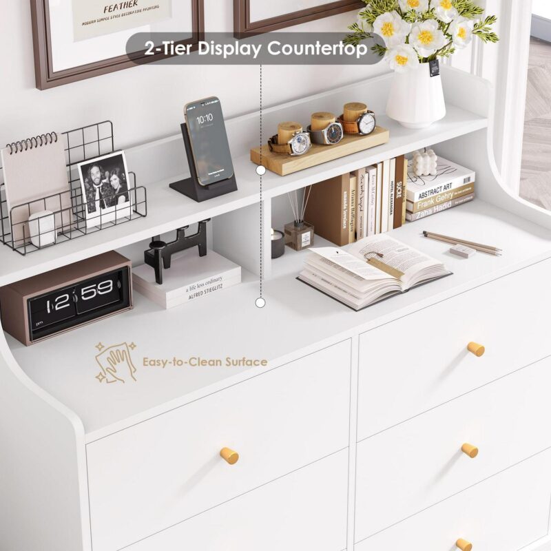 Homfa 6 Drawer Double White Dresser with Hutch, Modern Wood Dresser Storage Cabinet for Bedroom Living Room - Image 4