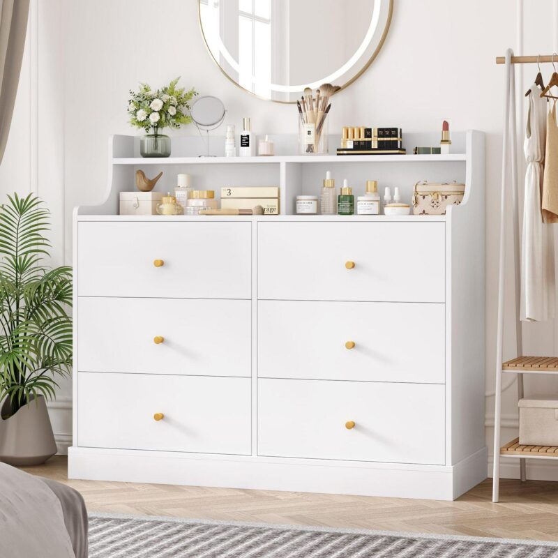 Homfa 6 Drawer Double White Dresser with Hutch, Modern Wood Dresser Storage Cabinet for Bedroom Living Room
