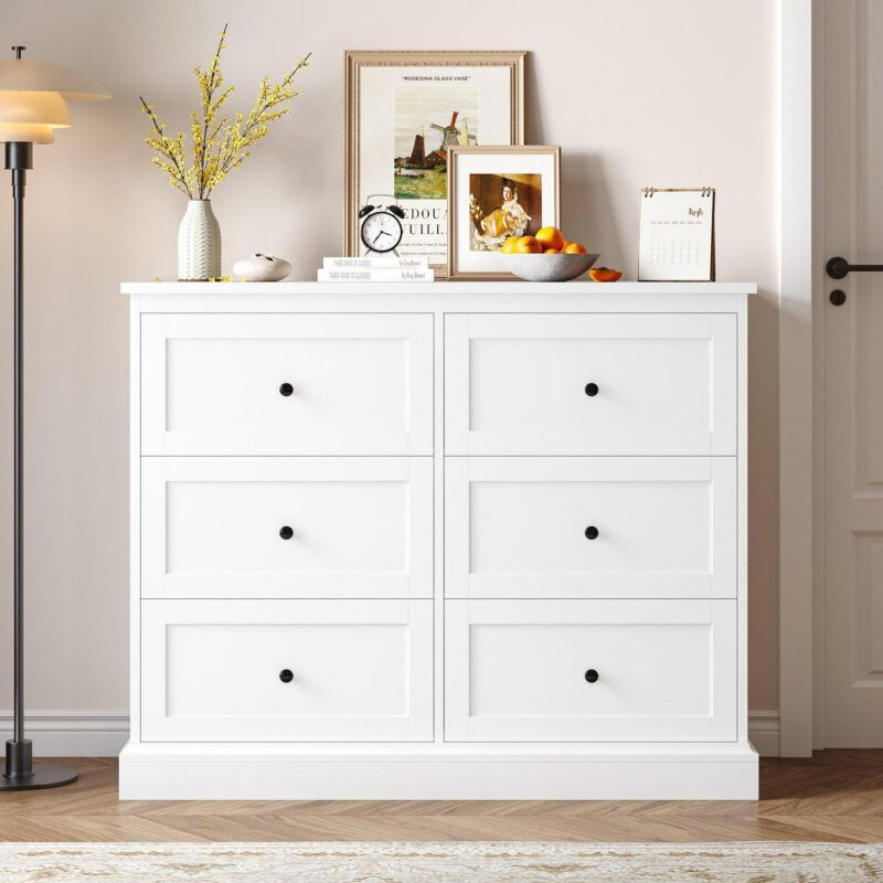 Homfa 6 Drawer Double Dresser White, Wood Storage Cabinet for Living Room, Chest of Drawers for Bedroom - Image 4