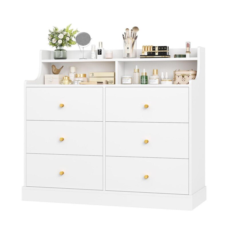Homfa 6 Drawer Double White Dresser with Hutch, Modern Wood Dresser Storage Cabinet for Bedroom Living Room - Image 2