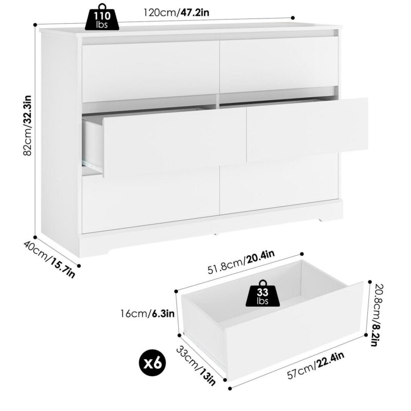 Homfa 6 Drawer Double Dresser, 47.2'' Wood Storage Side Cabinet Chest of Drawer for Bedroom Living Room, White - Image 7