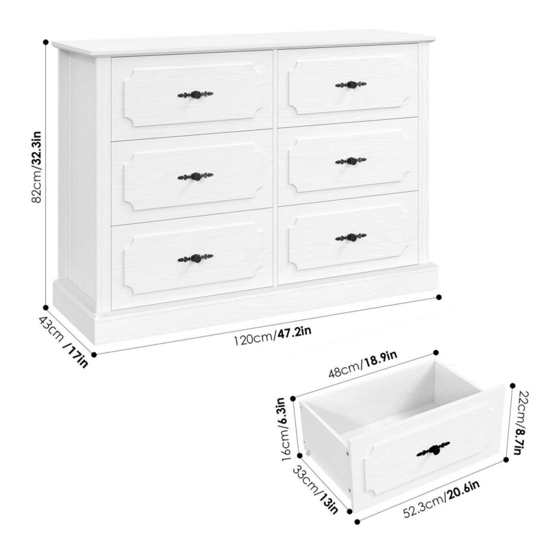 Homfa 6 Drawer Horizontal Dresser for Bedroom, Modern White Wood Storage Cabinet Chest for Living Room with Wide Top - Image 7