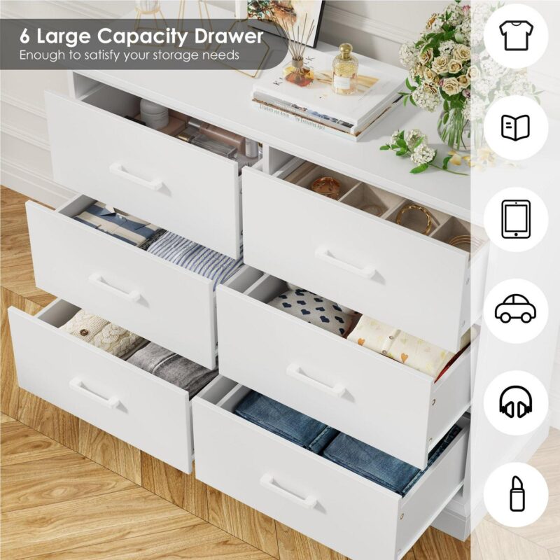 Homfa 6 Drawer Horizontal Dresser for Bedroom, Living Room Wood Storage Cabinet with Sturdy Base - Image 4