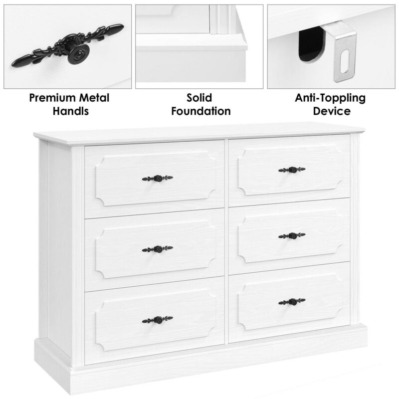 Homfa 6 Drawer Horizontal Dresser for Bedroom, Modern White Wood Storage Cabinet Chest for Living Room with Wide Top - Image 4