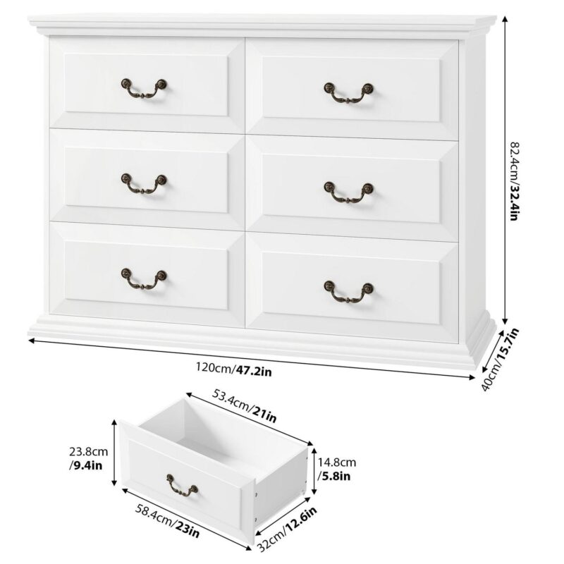 Homfa 6 Drawer Horizontal Wood Dressers Chest for Bedroom, Contemporary Storage Cabinet for Living Room Entryway, White - Image 5