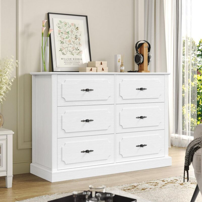 Homfa 6 Drawer Horizontal Dresser for Bedroom, Modern White Wood Storage Cabinet Chest for Living Room with Wide Top