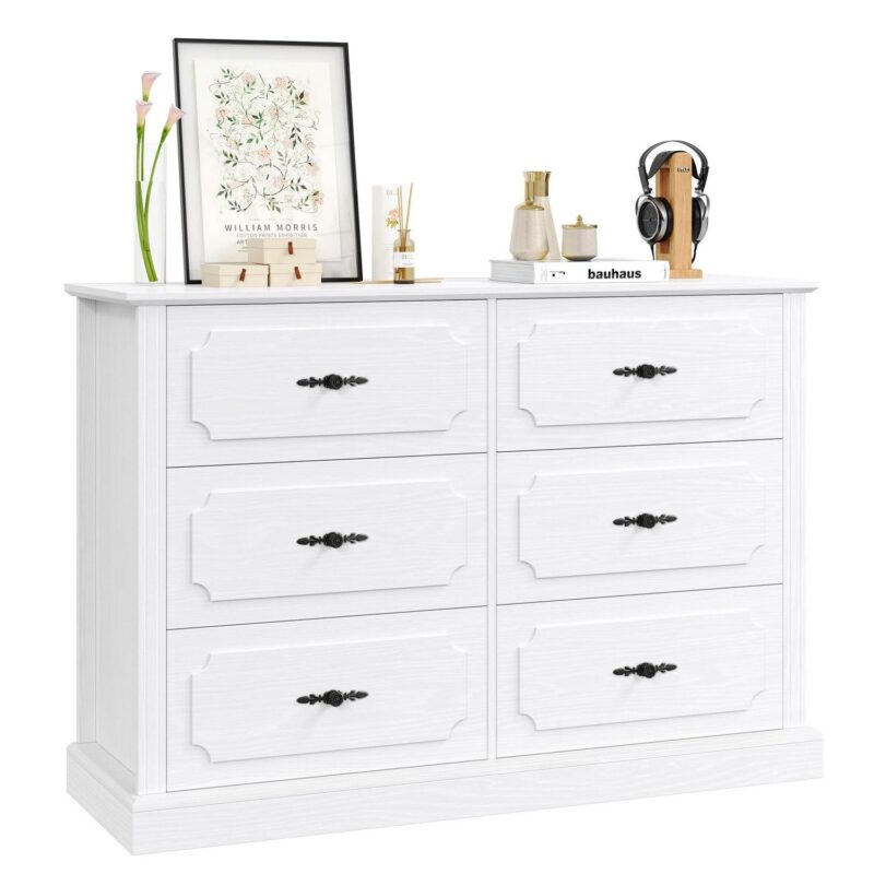 Homfa 6 Drawer Horizontal Dresser for Bedroom, Modern White Wood Storage Cabinet Chest for Living Room with Wide Top - Image 3
