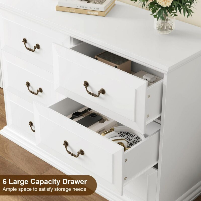 Homfa 6 Drawer Horizontal Wood Dressers Chest for Bedroom, Contemporary Storage Cabinet for Living Room Entryway, White - Image 3