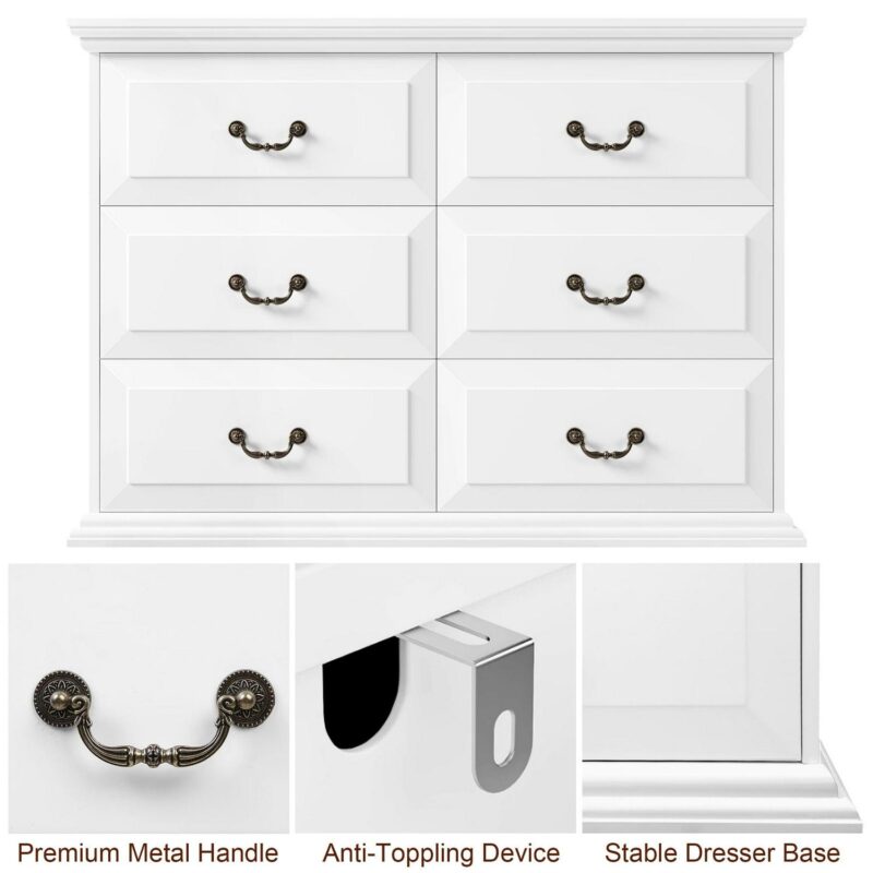 Homfa 6 Drawer Horizontal Wood Dressers Chest for Bedroom, Contemporary Storage Cabinet for Living Room Entryway, White - Image 7