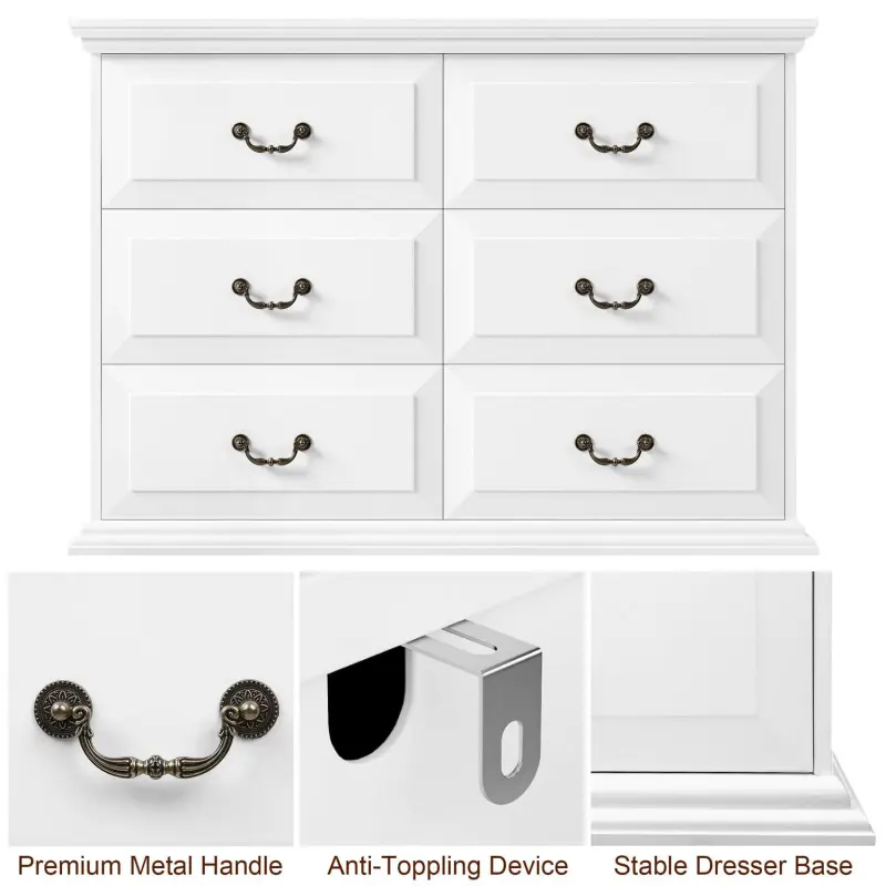 Homfa 6 Drawer Horizontal Wood Dressers Chest for Bedroom, Contemporary Storage Cabinet for Living Room Entryway, White - Image 7