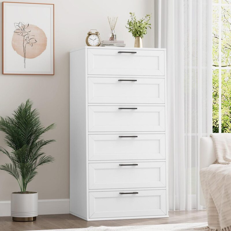 Homfa 6 Drawer Tall Dresser, Chest of Drawer Nightstand with Metal Handles for Bedroom, White