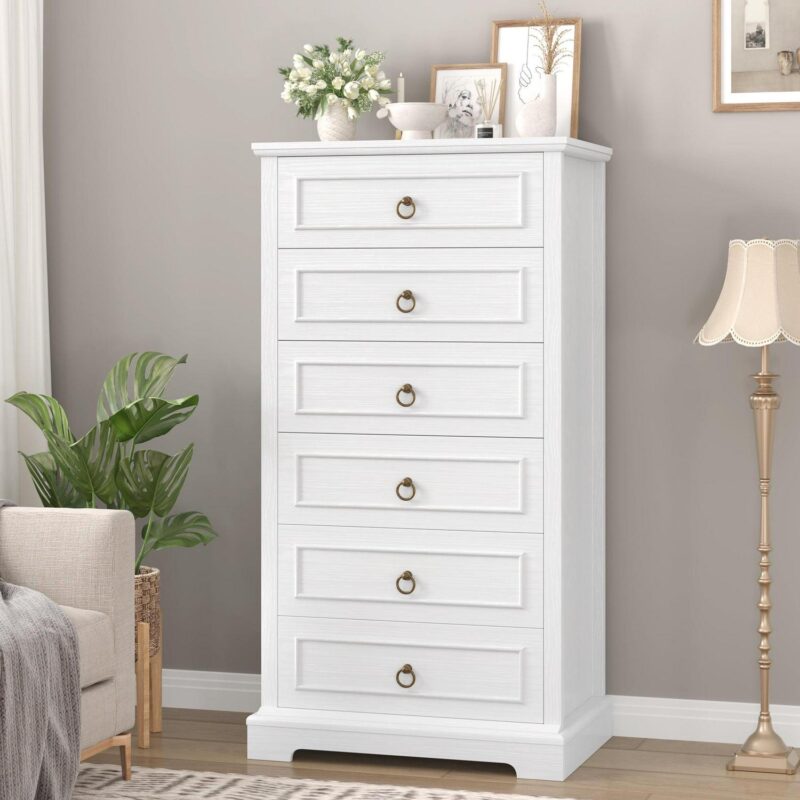 Homfa 6 Drawer Tall Dresser, 52 H Chest of Drawers, Wooden Storage Cabinet for Bedroom, White