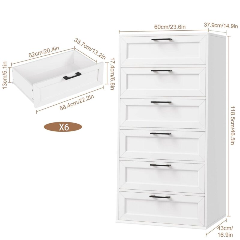 Homfa 6 Drawer Tall Dresser, Chest of Drawer Nightstand with Metal Handles for Bedroom, White - Image 8