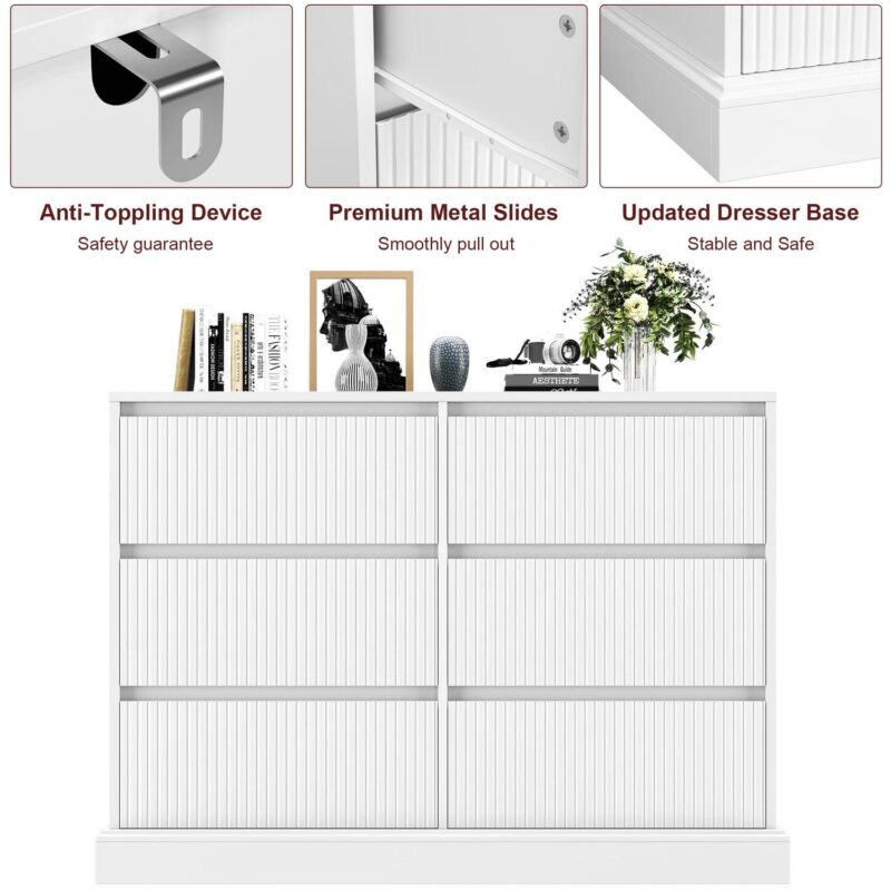 Homfa 6 Drawer White Double Dresser for Bedroom, Wave Panel Wood Dresser Storage Cabinet for Living Room Entryway - Image 6
