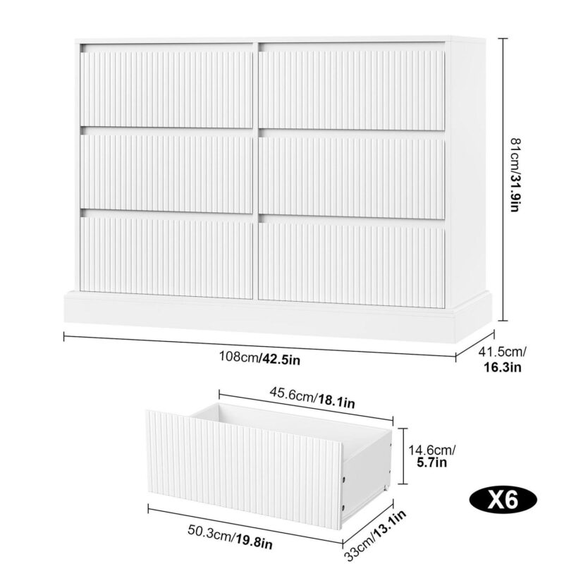 Homfa 6 Drawer White Double Dresser for Bedroom, Wave Panel Wood Dresser Storage Cabinet for Living Room Entryway - Image 7