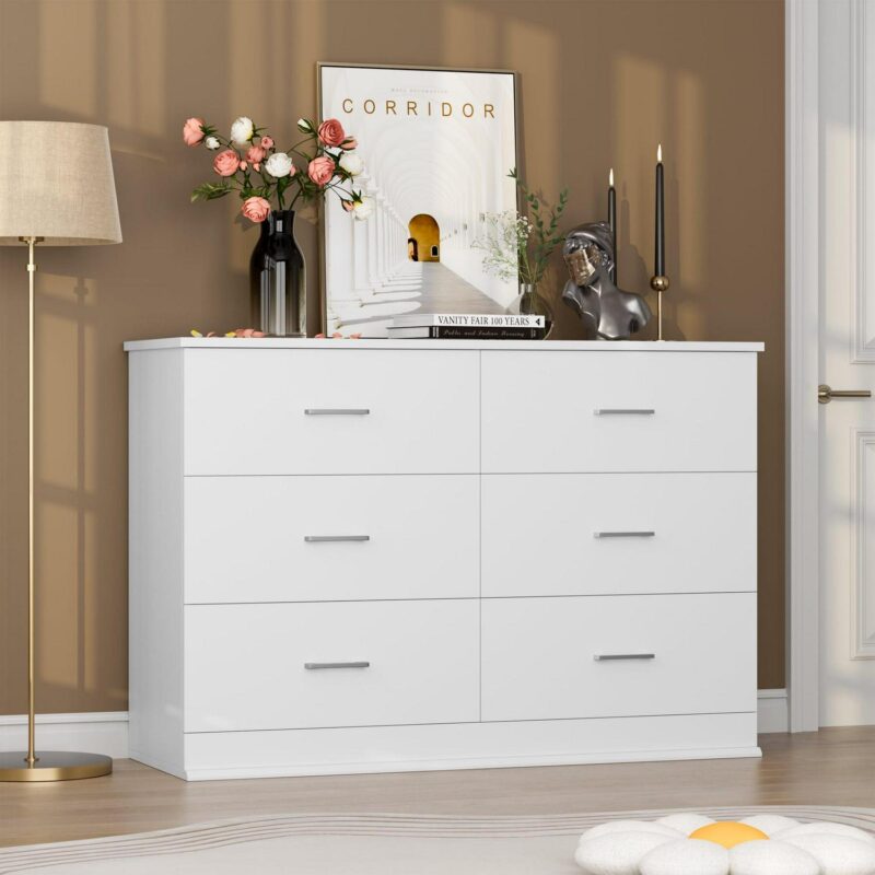 Homfa 6 Drawer White Double Dresser, Modern Wood Chest of Drawers with Metal Handles for Bedroom - Image 4