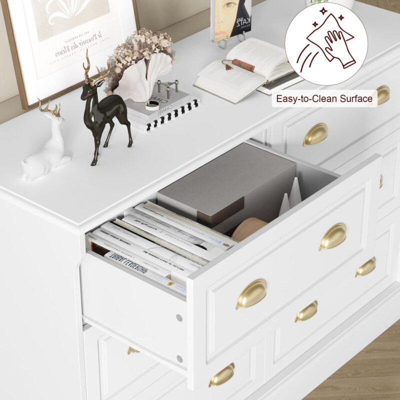 Homfa 6 Drawer White Double Dresser for Bedroom, Gold Handle Drawer Chest Wood Storage Cabinet for Living Room, White - Image 5