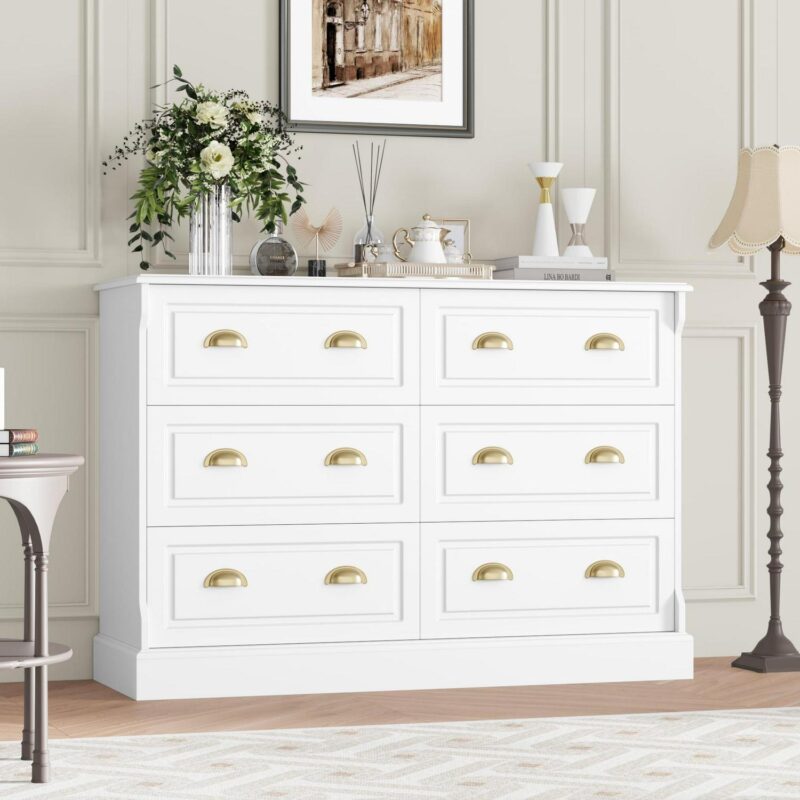 Homfa 6 Drawer White Double Dresser for Bedroom, Gold Handle Drawer Chest Wood Storage Cabinet for Living Room, White - Image 3