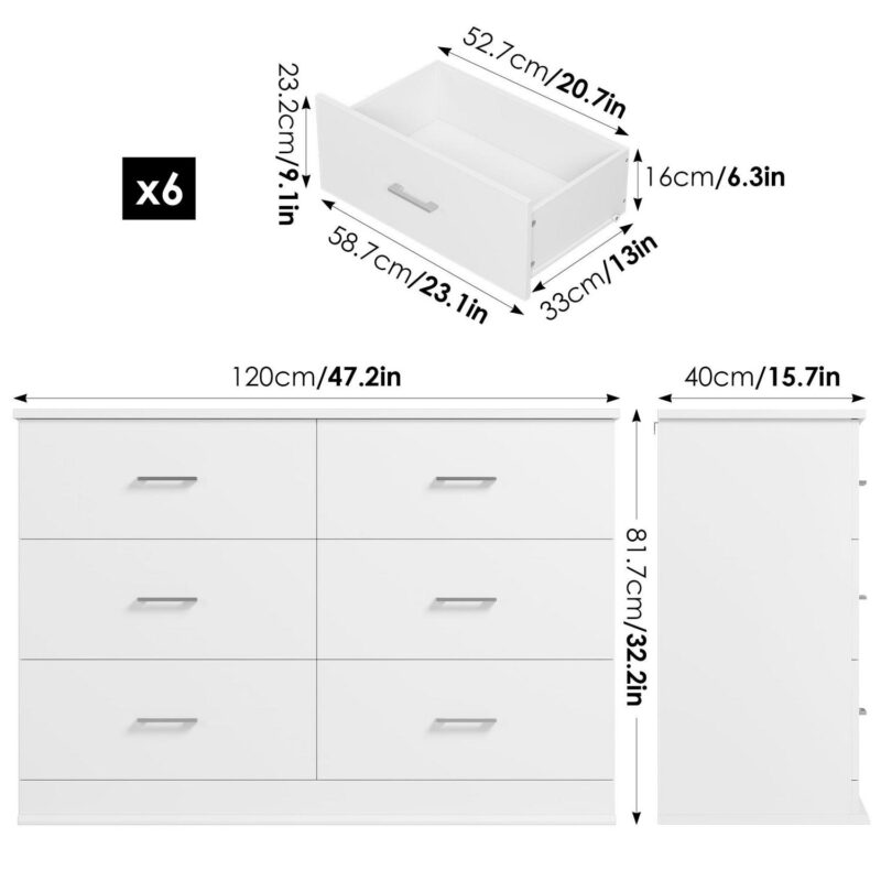 Homfa 6 Drawer White Double Dresser, Modern Wood Chest of Drawers with Metal Handles for Bedroom - Image 2