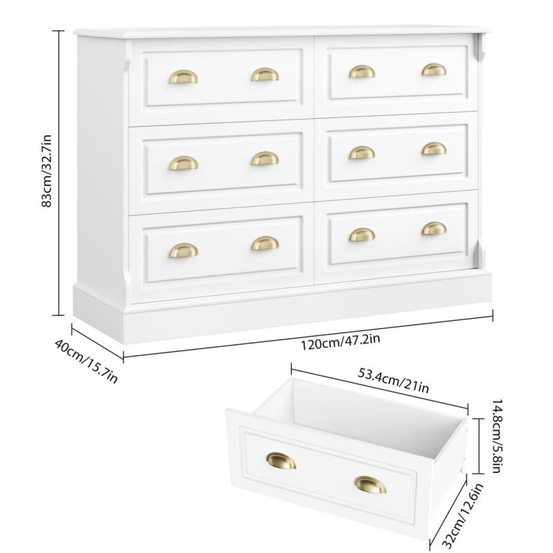 Homfa 6 Drawer White Double Dresser for Bedroom, Gold Handle Drawer Chest Wood Storage Cabinet for Living Room, White - Image 7
