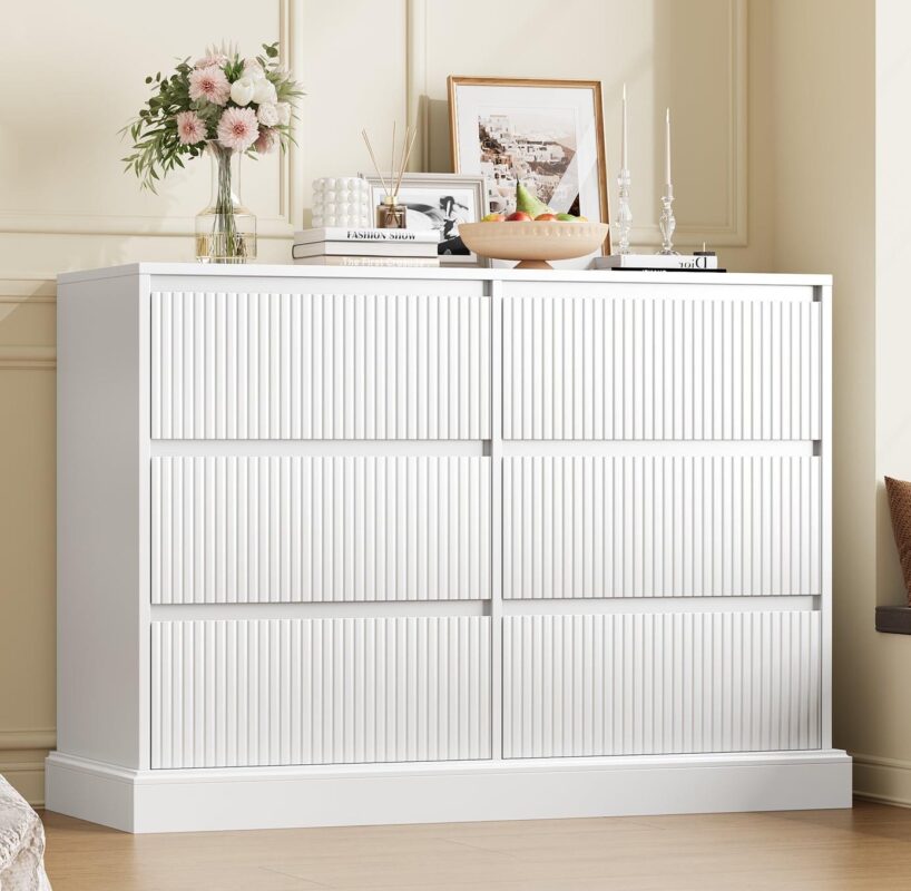 Homfa 6 Drawer White Double Dresser for Bedroom, Wave Panel Wood Dresser Storage Cabinet for Living Room Entryway