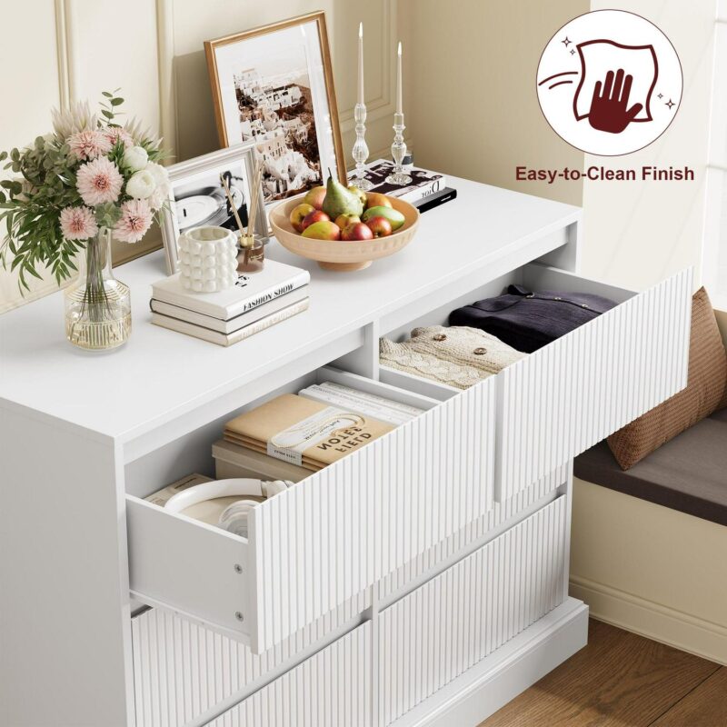 Homfa 6 Drawer White Double Dresser for Bedroom, Wave Panel Wood Dresser Storage Cabinet for Living Room Entryway - Image 4