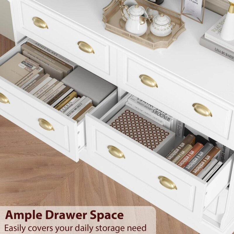 Homfa 6 Drawer White Double Dresser for Bedroom, Gold Handle Drawer Chest Wood Storage Cabinet for Living Room, White - Image 4
