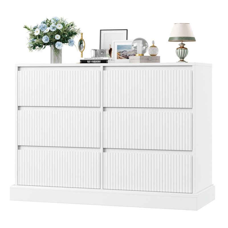 Homfa 6 Drawer White Double Dresser for Bedroom, Wave Panel Wood Dresser Storage Cabinet for Living Room Entryway - Image 3