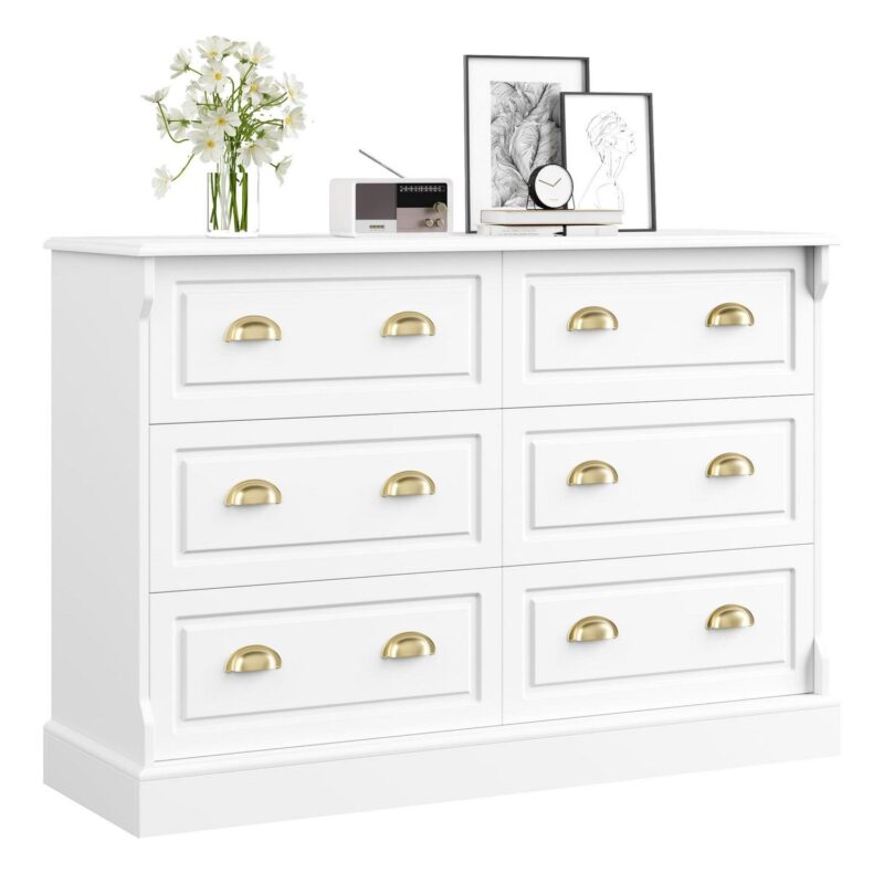 Homfa 6 Drawer White Double Dresser for Bedroom, Gold Handle Drawer Chest Wood Storage Cabinet for Living Room, White - Image 8