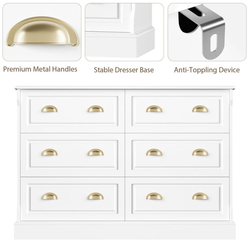 Homfa 6 Drawer White Double Dresser for Bedroom, Gold Handle Drawer Chest Wood Storage Cabinet for Living Room, White - Image 6