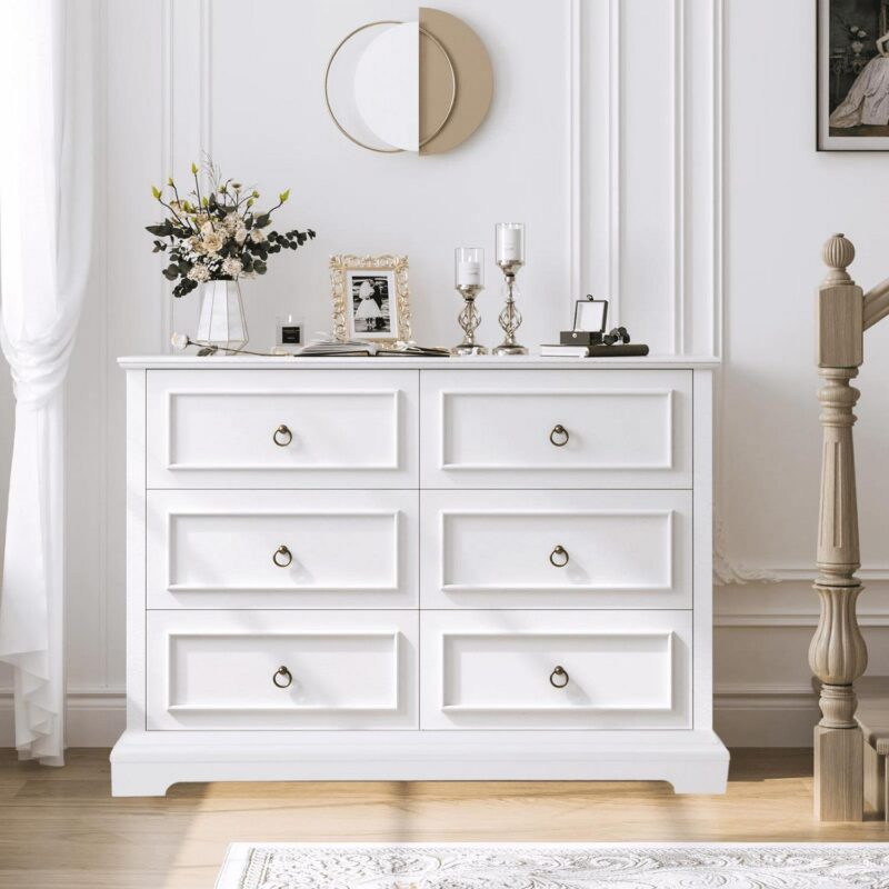 Homfa 6 Drawers Double Dresser, 47'' Wide Storage Cabinet Chest of Drawer for Bedroom Living Room, White - Image 6