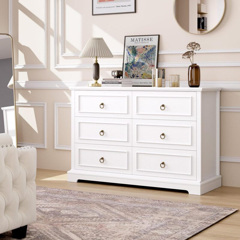 Homfa 6 Drawers Double Dresser, 47'' Wide Storage Cabinet Chest of Drawer for Bedroom Living Room, White - Image 3
