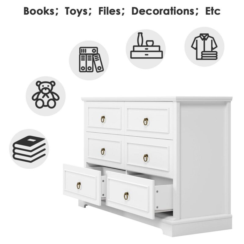Homfa 6 Drawers Double Dresser, 47'' Wide Storage Cabinet Chest of Drawer for Bedroom Living Room, White - Image 4
