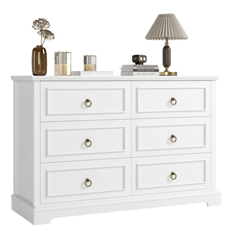 Homfa 6 Drawers Double Dresser, 47'' Wide Storage Cabinet Chest of Drawer for Bedroom Living Room, White
