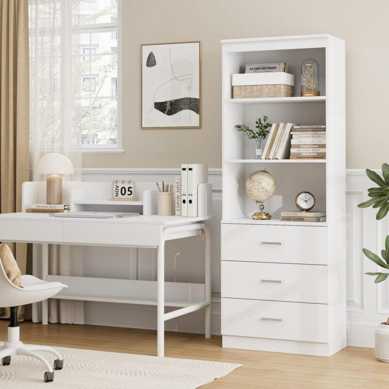 Homfa 71  Tall Bookcases with 3 Large Drawers, 3 Tier Wooden Storage Bookshelf for Living Room Home Office, White - Image 6