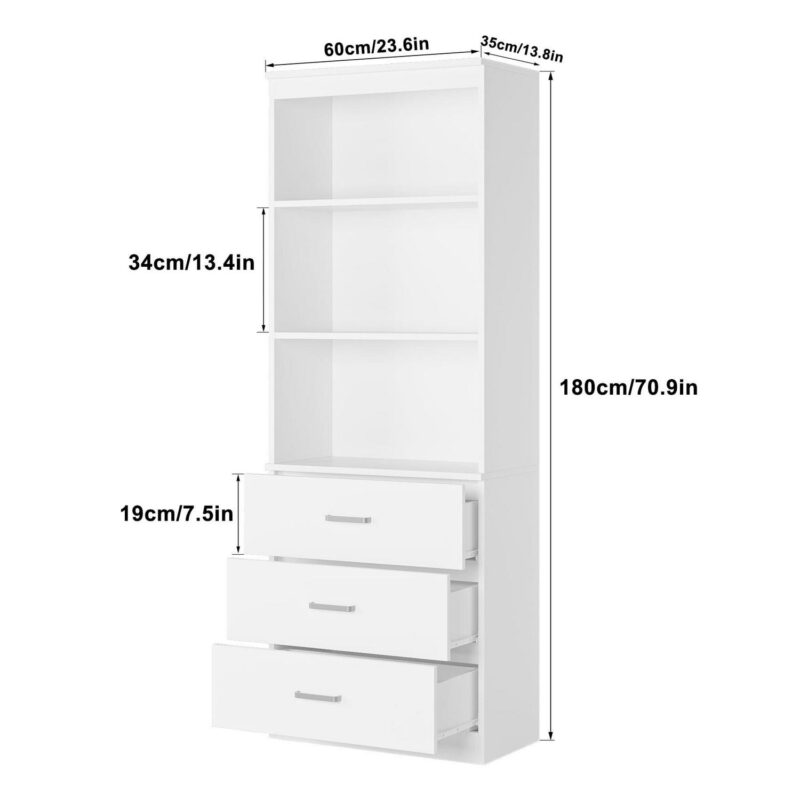 Homfa 71  Tall Bookcases with 3 Large Drawers, 3 Tier Wooden Storage Bookshelf for Living Room Home Office, White - Image 5