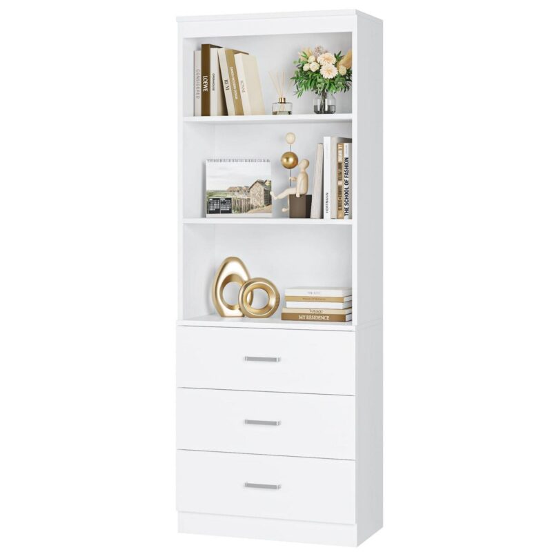 Homfa 71  Tall Bookcases with 3 Large Drawers, 3 Tier Wooden Storage Bookshelf for Living Room Home Office, White