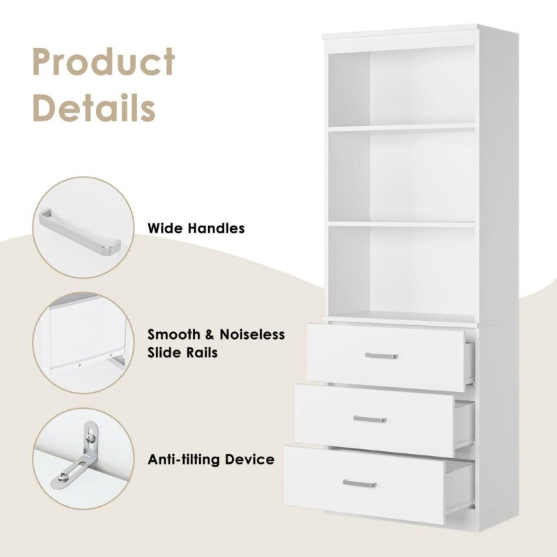 Homfa 71  Tall Bookcases with 3 Large Drawers, 3 Tier Wooden Storage Bookshelf for Living Room Home Office, White - Image 9