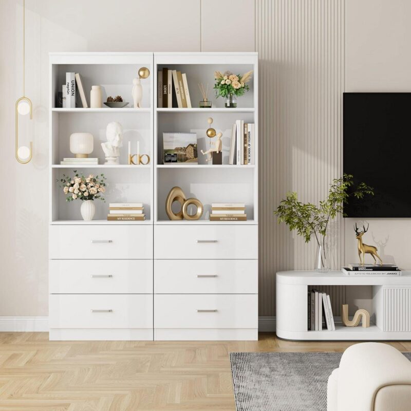 Homfa 71  Tall Bookcases with 3 Large Drawers, 3 Tier Wooden Storage Bookshelf for Living Room Home Office, White - Image 4