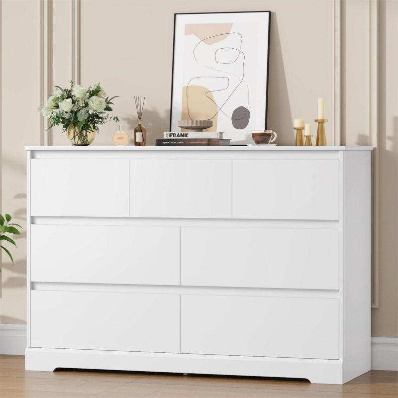 Homfa 7 Drawer Double Dresser, 47.2 W Contemporary Wood Chest of Drawer Storage Cabinet for Bedroom Living Room, White - Image 2