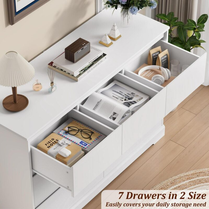 Homfa 7 Drawer Double Dresser, 47.2 W Contemporary Wood Chest of Drawer Storage Cabinet for Bedroom Living Room, White - Image 3